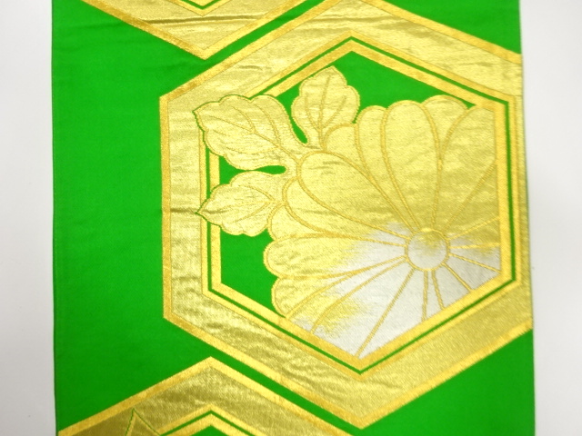  アンティーク　亀甲に楓・菊模様織り出し袋帯（着用可）